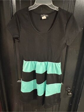French Atmosphere Black and Mint Green Striped Scoop Neck Dress